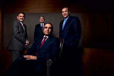 Sunil Bharti Mittal, CMD, Bharti Airtel (centre) flanked by his generals. From left: Manoj Kohli, CEO (international) & joint MD, Sanjay Kapoor, CEO (India & South Asia), and Akhil Gupta, deputy group CEO and MD, Bharti Enterprises. 